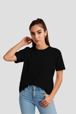 SWANKYSS black Cotton T-Shirt – Unisex Regular Fit wear by women model front view