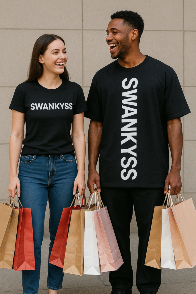 Male and female models in SWANKYSS wearing cotton t-shirts – casual and breathable fit