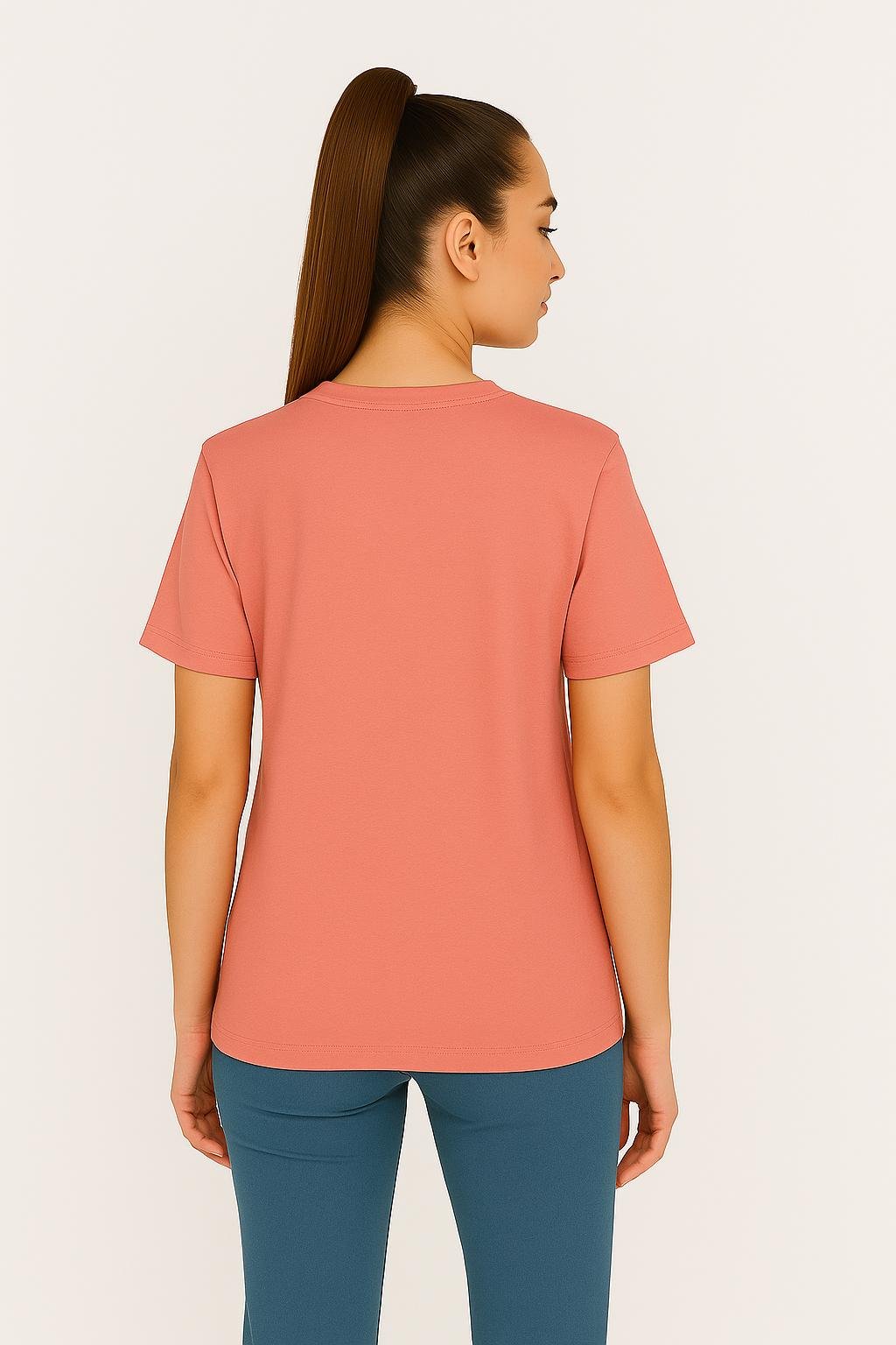SWANKYSS Peach Cotton T-Shirt Unisex Regular Fit women back view_optimized SWANKYSS-Peach-Cotton-T-Shirt-Unisex-Regular-Fit-women-back-view