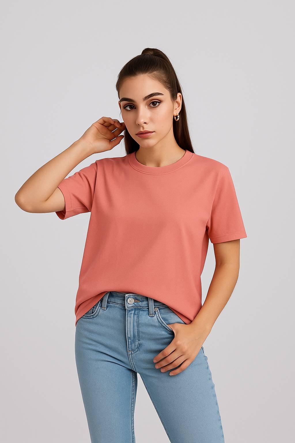 SWANKYSS Peach Cotton T-Shirt Unisex Regular Fit women front view_optimized SWANKYSS-Peach-Cotton-T-Shirt-Unisex-Regular-Fit-women-front-view
