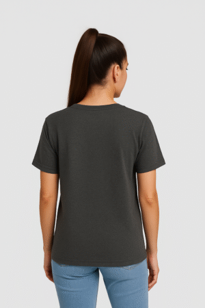 Antra melange round neck cotton t-shirt with short sleeves and regular unisex fit wear by women model back view