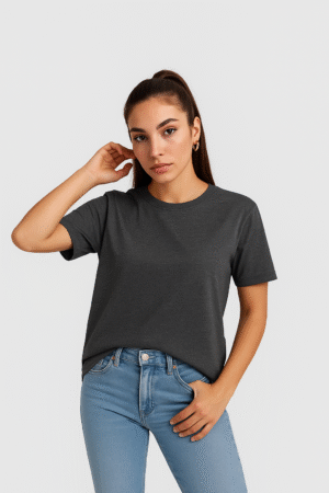 Antra melange round neck cotton t-shirt with short sleeves and regular unisex fit wear by women model front view