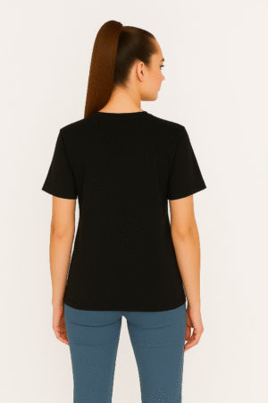 SWANKYSS black Cotton T-Shirt – Unisex Regular Fit wear by women model back view