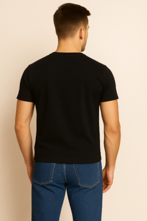 SWANKYSS black Cotton T-Shirt – Unisex Regular Fit wear by men model back view