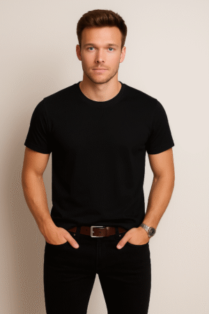 SWANKYSS black Cotton T-Shirt – Unisex Regular Fit wear by men model front view