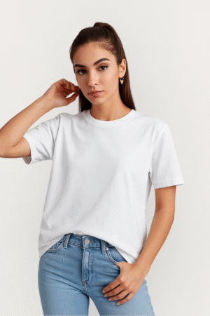 SWANKYSS white Cotton T-Shirt – Unisex Regular Fit wear by women model front view