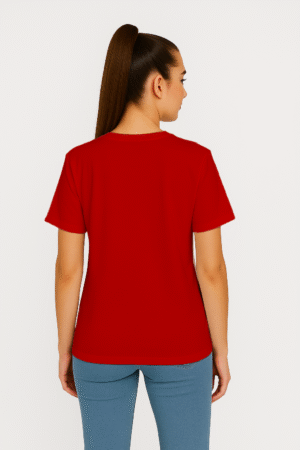Red round neck cotton t-shirt with short sleeves and regular unisex fit front view women modal back view