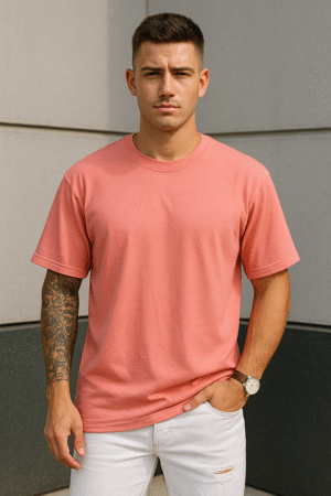 SWANKYSS Peach Cotton T-Shirt – Unisex Regular Fit wear by men model front view