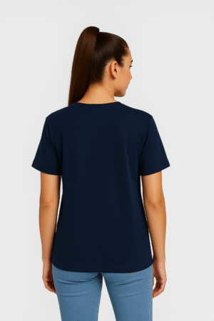 navy blue round neck cotton t-shirt with short sleeves and regular unisex fit wear by women model back view