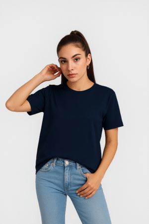 navy blue round neck cotton t-shirt with short sleeves and regular unisex fit wear by women model front view
