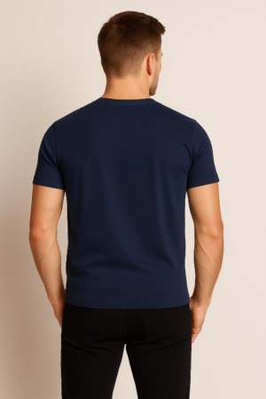 navy blue round neck cotton t-shirt with short sleeves and regular unisex fit wear by men model back view