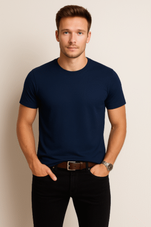 navy blue round neck cotton t-shirt with short sleeves and regular unisex fit wear by men model front view