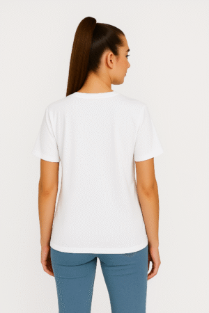 SWANKYSS white Cotton T-Shirt – Unisex Regular Fit wear by women model back view