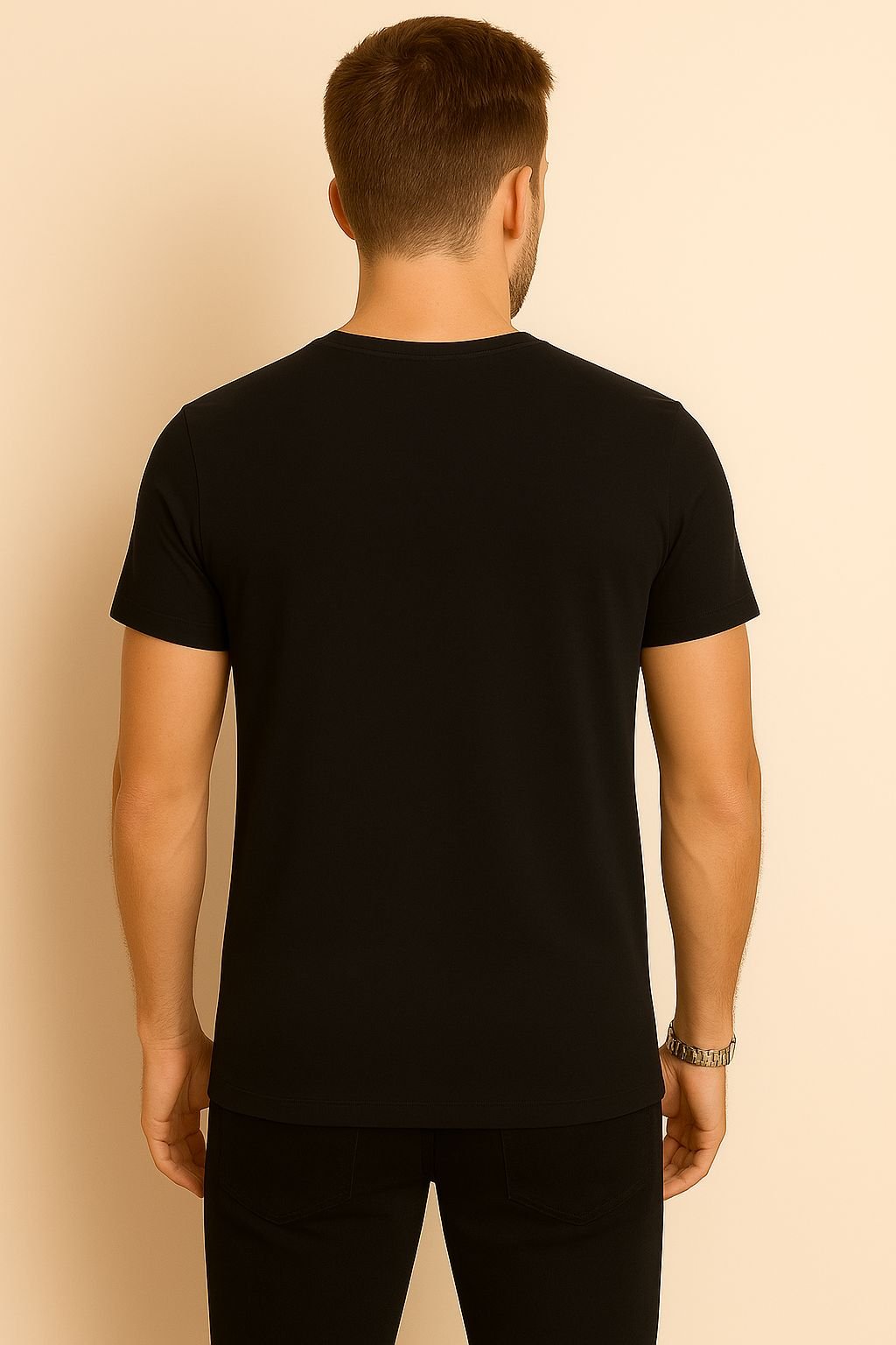 Black V Neck Cotton T-Shirt for Unisex back View Men_optimized Black V Neck Cotton T-Shirt for Unisex back View Men