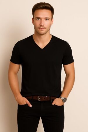 Black V Neck Cotton T-Shirt for Unisex front View Men