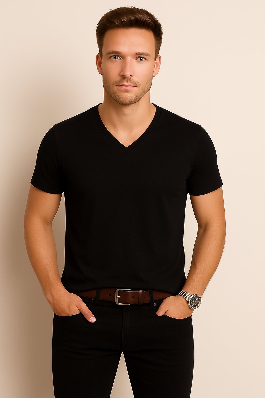 Black V Neck Cotton T-Shirt for Unisex front View Men_optimized Black V Neck Cotton T-Shirt for Unisex front View Men