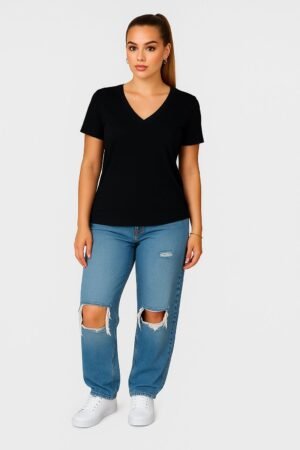 Black V Neck Cotton T-Shirt for Unisex front View women