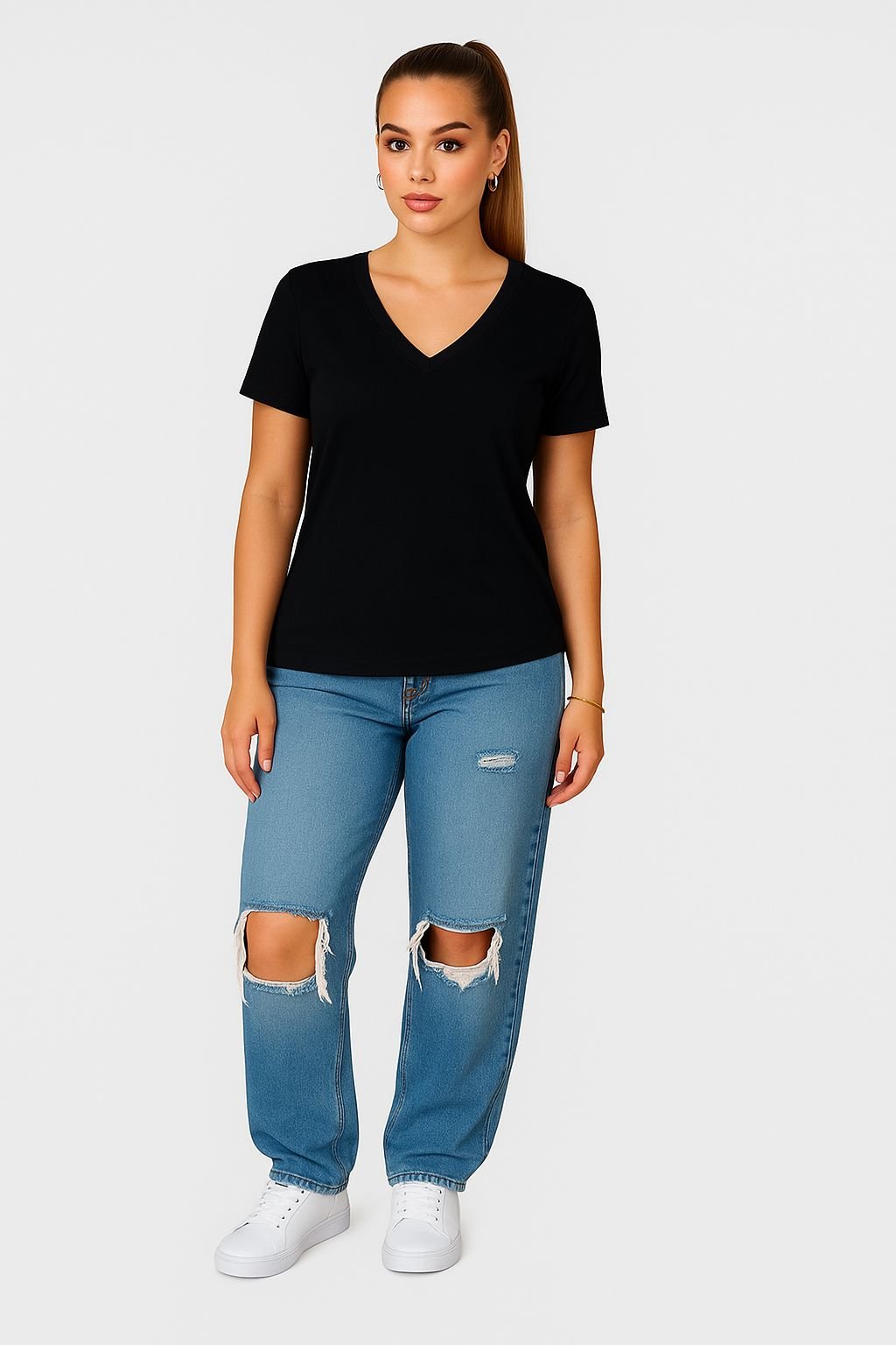 Black V Neck Cotton T-Shirt for Unisex front View women_optimized Black V Neck Cotton T-Shirt for Unisex front View women