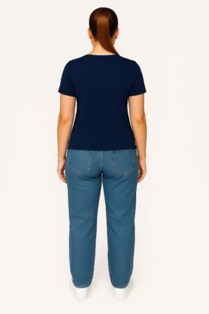 Navy Blue V Neck Cotton T-Shirt for Unisex back View women