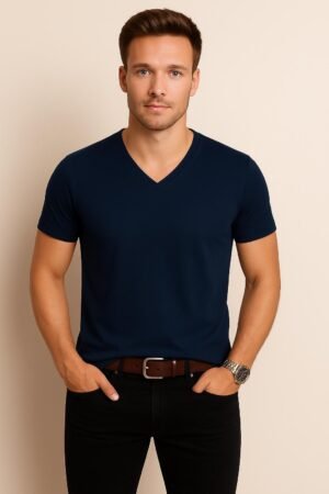 Navy Blue V Neck Cotton T-Shirt for Unisex front View Men
