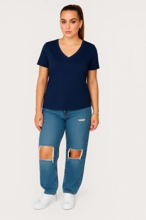 Navy Blue V-Neck Cotton T-Shirt for Unisex front View women