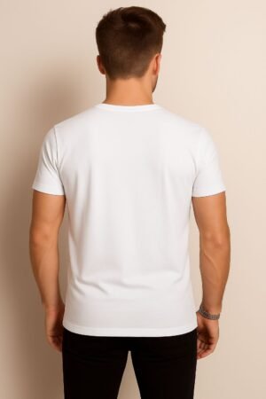 White V Neck Cotton T-Shirt for Unisex back View Men