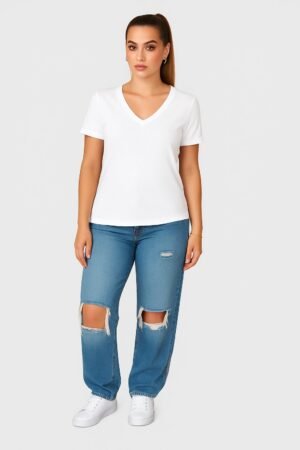 White V Neck Cotton T-Shirt for Unisex front View women