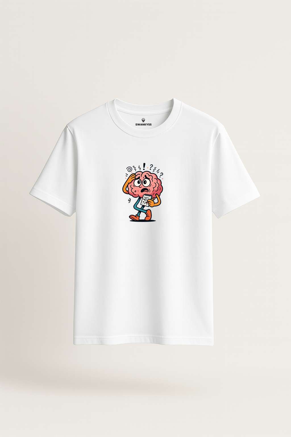compressed-swankyss-anxious-brain White t-shirt with cartoon brain holding anxious note and surrounded by stress symbols, funny mental health awareness design front view