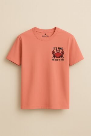 Peach unisex t-shirt with a cartoon crab and sarcastic quote "It’s Fine, I’m Used to This" – funny relatable graphic tee front view