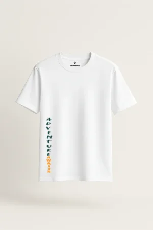 Unisex white cotton T-shirt with vertical text print reading "ADVENTURE AWAITS" along the left hem, minimalist design with round neck and short sleeves front view