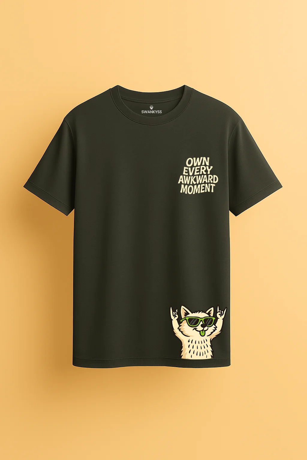 compressed_awkward_cat_tshirt Dark green unisex t-shirt with the phrase “Own Every Awkward Moment” and a cartoon cat wearing sunglasses making rock signs and sticking out its tongue front view