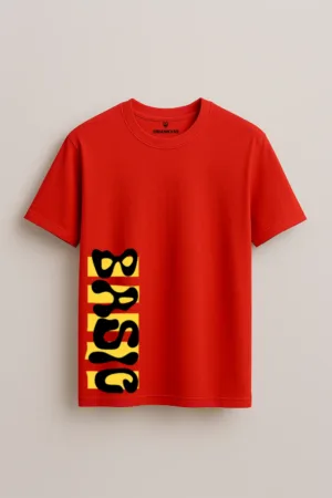 Unisex red cotton T-shirt with bold vertical “BASIC” text graphic in black on yellow blocks near the hem, short sleeves and round neck design front view
