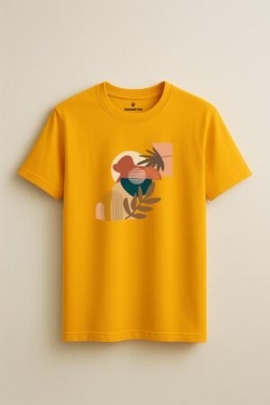 Mustard yellow t-shirt with abstract earth-tone art print featuring geometric shapes and natural elements, unisex fit front view