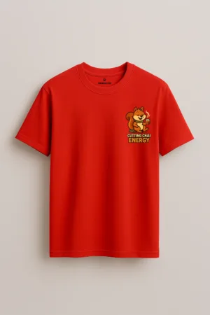 Unisex red cotton T-shirt with a front graphic of a happy squirrel holding chai and the quote "Cutting Chai Energy", round neck and short sleeves casual fit front view