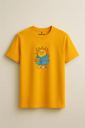 Mustard yellow unisex t-shirt with a sleepy cartoon sun graphic in a robe holding a mug labeled “comfort zone” and humorous text “My Comfort Zone” – Swankyss cozy mood tee front view