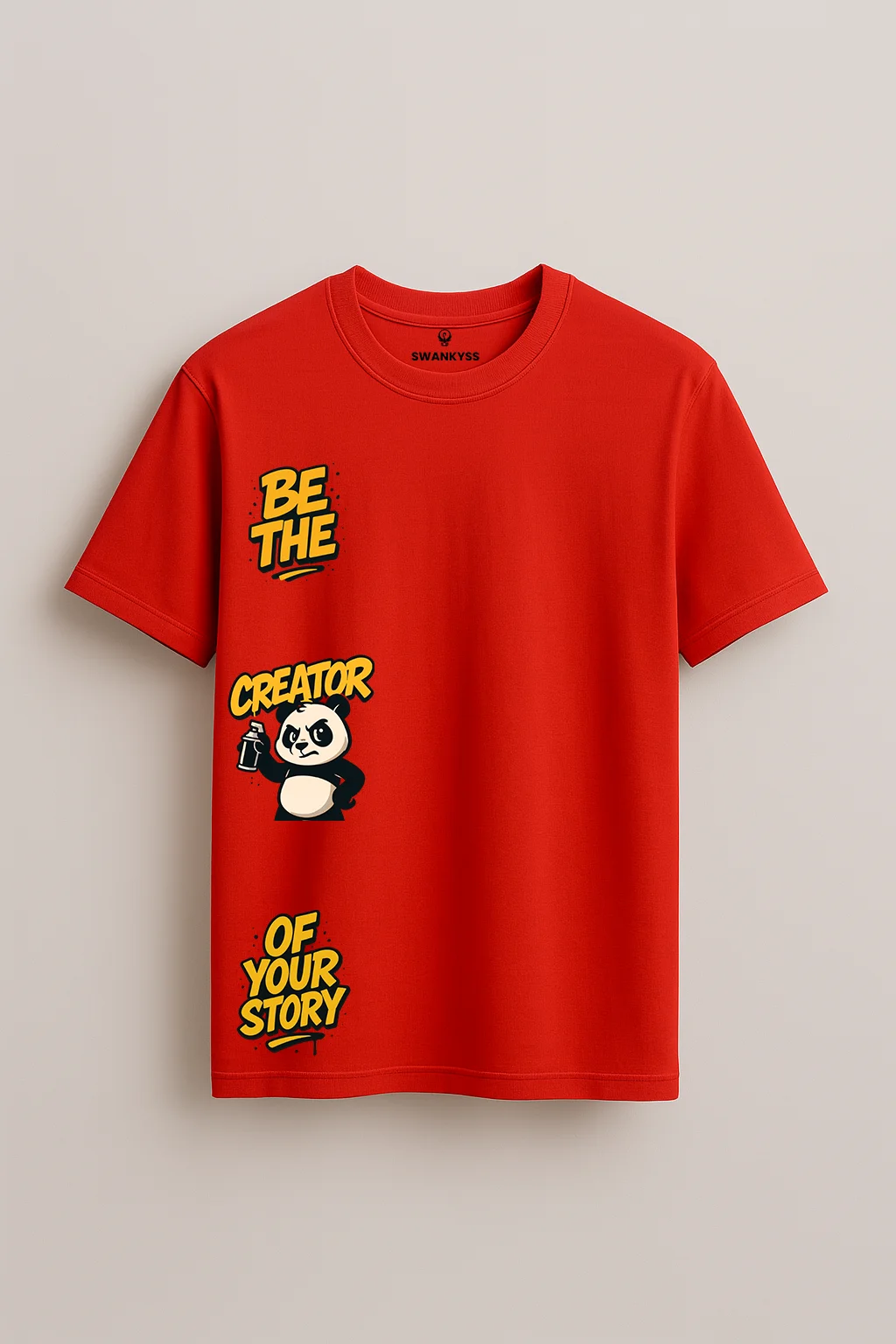 compressed_creator_panda_tshirt Unisex red cotton T-shirt with motivational street-style text “Be the Creator of Your Story” and a panda holding spray paint, printed vertically in bold yellow and black graphic design front view
