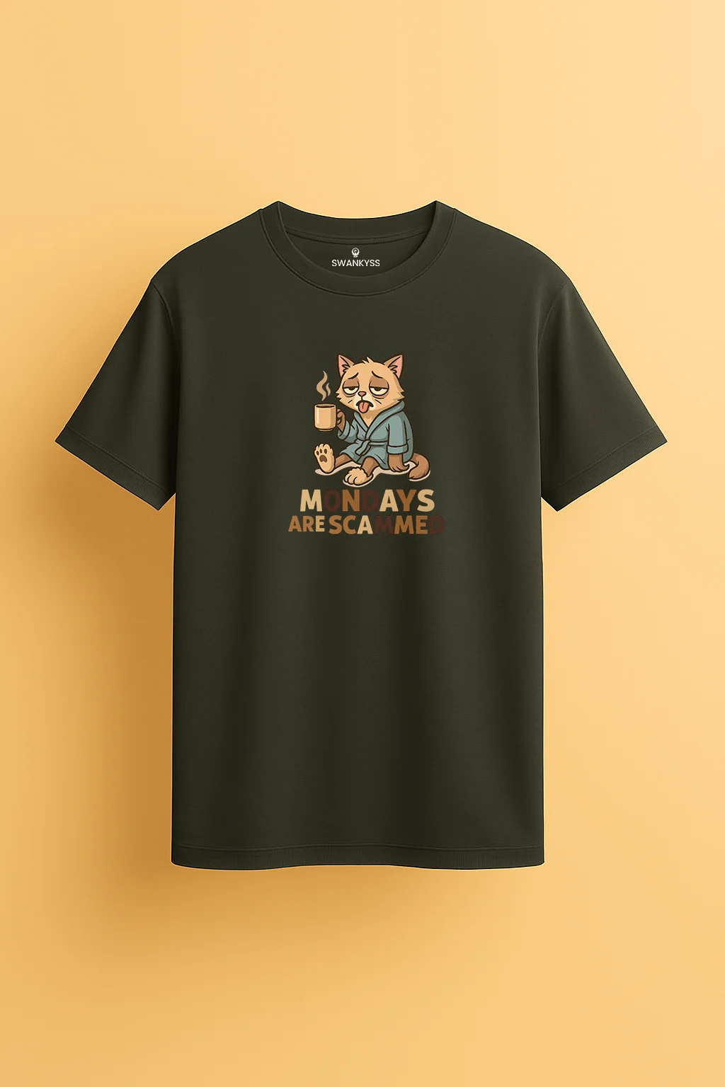 compressed_mondays_scammed_tshirt Dark green unisex t-shirt featuring a tired cartoon cat in a robe holding a coffee mug with the phrase “Mondays Are Scammed” in fun typography front view
