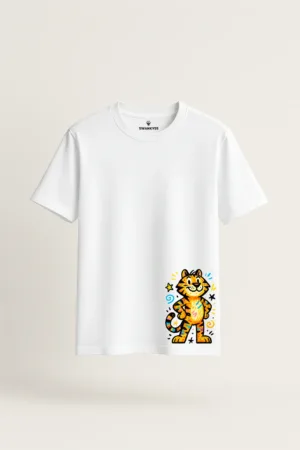Unisex white cotton T-shirt with a vibrant cartoon tiger graphic near the bottom hem, colorful and playful DTF print with a regular fit and round neck front view