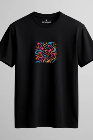 Unisex black cotton T-shirt with a centered colorful abstract wavy line pattern in a square format, short sleeves and round neck, minimal and modern graphic design front view