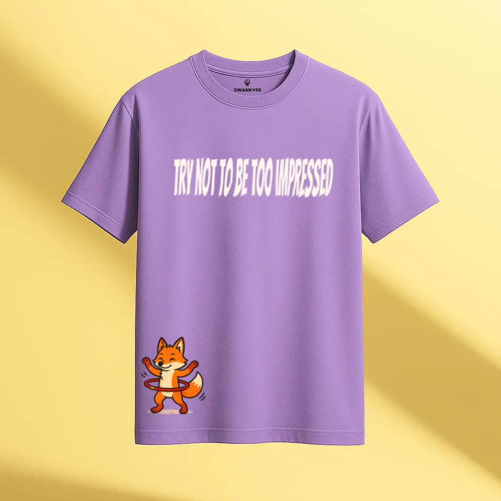 fox_tshirt_under_1000kb Lavender unisex t-shirt with funny text "Try Not to Be Too Impressed" and cartoon fox hula hooping – Swankyss humorous animal graphic tee front view