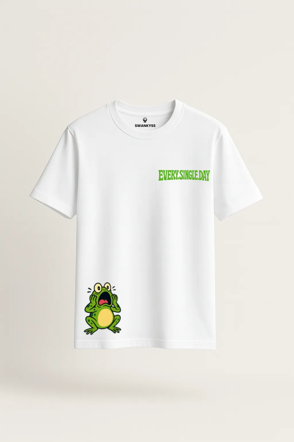 frog_tshirt_under_1000kb White unisex t-shirt featuring a cartoon of a screaming green frog and bold green text saying “Every. Single. Day” – funny Swankyss relatable anxiety humor tee front view