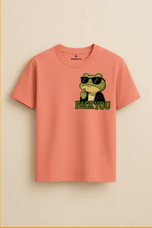 Coral peach unisex t-shirt with grumpy gangster frog cartoon wearing sunglasses and leather jacket with censored “F*CK YOU” text – Swankyss attitude streetwear tee front view