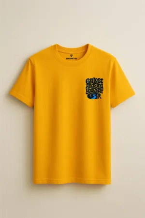 Mustard yellow unisex t-shirt with “Get Lost and Find Yourself” quote in retro typography and hiker trail graphic – Swankyss outdoor travel tee front view