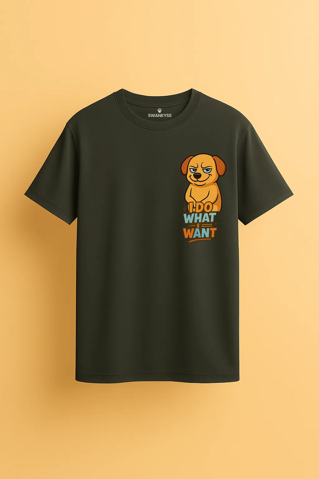 i_do_what_i_want_tshirt_under_1000kb antra melange unisex t-shirt featuring a smug cartoon dog with the phrase “I Do What I Want” in bold, colorful letters.
