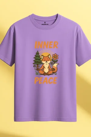 Lavender t-shirt with cartoon meditating fox and “Inner Peace” quote – Swankyss forest zen graphic tee for mindfulness lovers front view