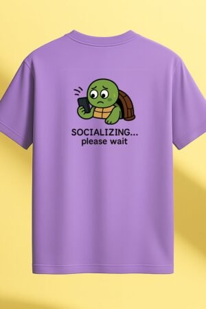 lavender unisex t-shirt featuring a cartoon turtle nervously looking at a phone with the phrase “SOCIALIZING... please wait” printed below back view