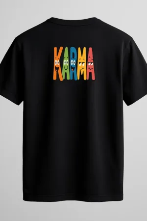 Black t-shirt with circular multicolor text reading “What Goes Comes Around” – karma-inspired graphic tee by Swankyss back view