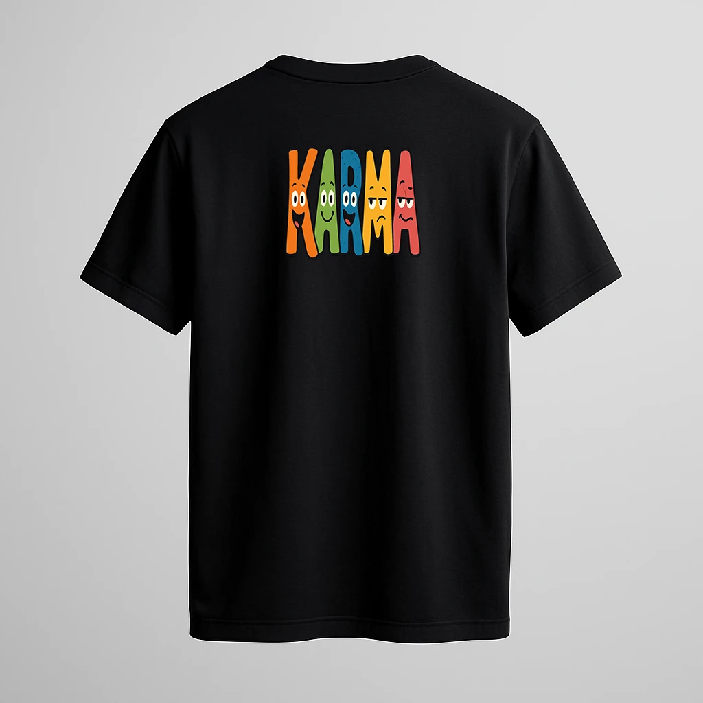 karma-colorful-cartoon-letters-black-tshirt-center-chest-positive-fun-graphic-mockup_part_2_optimized Black t-shirt with circular multicolor text reading “What Goes Comes Around” – karma-inspired graphic tee by Swankyss back view