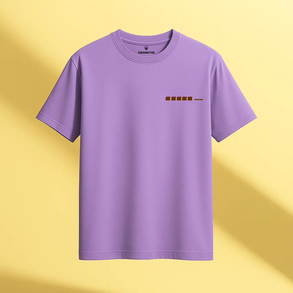 lavender_turtle_tshirt_under_1000kb Lavender unisex t-shirt featuring a cartoon turtle nervously looking at a phone with the phrase “SOCIALIZING... please wait” printed below front view