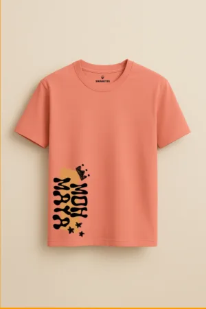 Peach unisex t-shirt with vertical black wavy text reading “Moh Maya,” featuring a crown and stars – desi slang streetwear graphic tee by Swankyss front view